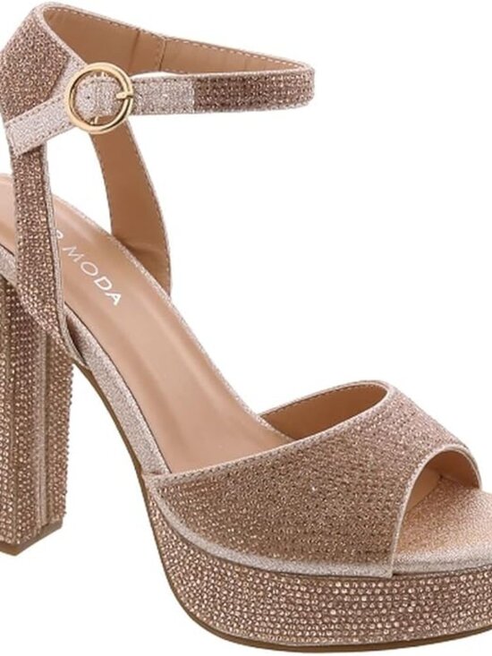 Moda Shoes - Moda Women's Rhinestone Platform Heel Open Toe Ankle Strap Sandal Sz 9 Rose Gold